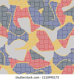 An abstract camouflage pattern containing uneven spots of different colors. Fashionable texture. A network of striped squares consisting of their perpendicular segments.