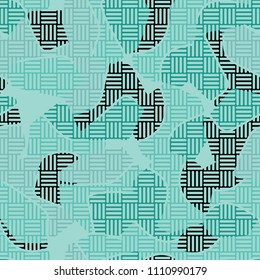 An abstract camouflage pattern containing uneven spots of different colors. Fashionable texture. A network of striped squares consisting of their perpendicular segments.