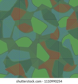 An abstract camouflage pattern containing uneven spots of different colors. Fashionable texture. Squares consisting of diagonal segments located in staggered order.