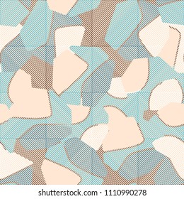 An abstract camouflage pattern containing uneven spots of different colors. Fashionable texture. Squares consisting of diagonal segments located in staggered order.