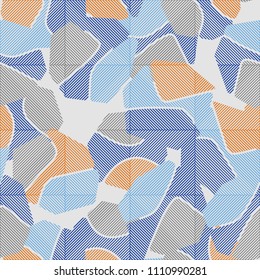 An abstract camouflage pattern containing uneven spots of different colors. Fashionable texture. Squares consisting of diagonal segments located in staggered order.