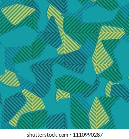 An abstract camouflage pattern containing uneven spots of different colors. Fashionable texture. Squares consisting of diagonal segments located in staggered order.