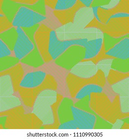 An abstract camouflage pattern containing uneven spots of different colors. Fashionable texture. Squares consisting of diagonal segments located in staggered order.