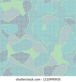 An abstract camouflage pattern containing uneven spots of different colors. Fashionable texture. A network of striped squares consisting of their perpendicular segments.