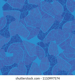 An abstract camouflage pattern containing uneven spots of different colors. Fashionable texture. A network of squares drawn with thin lines and arranged chaotically.