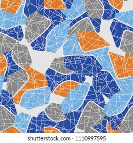An abstract camouflage pattern containing uneven spots of different colors. Fashionable texture. A network of squares drawn with thin lines and arranged chaotically.