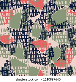 An abstract camouflage pattern containing uneven spots of different colors. Fashionable texture. A network of torn squares arranged in staggered order.