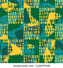 An abstract camouflage pattern containing uneven spots of different colors. Fashionable texture. A network of torn squares arranged in staggered order.