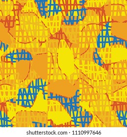 An abstract camouflage pattern containing uneven spots of different colors. Fashionable texture. A network of torn squares arranged in staggered order.