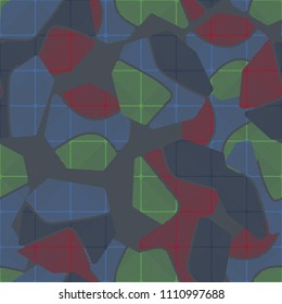 An abstract camouflage pattern containing uneven spots of different colors. Fashionable texture. A network consisting of rounded squares drawn in oblique lines.