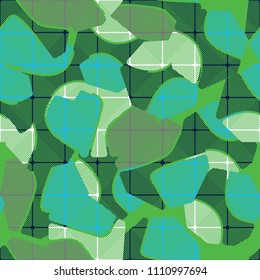 An abstract camouflage pattern containing uneven spots of different colors. Fashionable texture. A network consisting of rounded squares drawn in oblique lines.