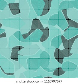 An abstract camouflage pattern containing uneven spots of different colors. Fashionable texture. A network consisting of rounded squares drawn in oblique lines.