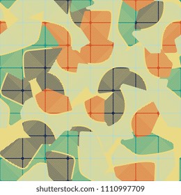 An abstract camouflage pattern containing uneven spots of different colors. Fashionable texture. A network consisting of rounded squares drawn in oblique lines.
