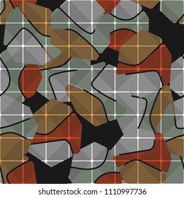 An abstract camouflage pattern containing uneven spots of different colors. Fashionable texture. A network consisting of rounded squares drawn in oblique lines.