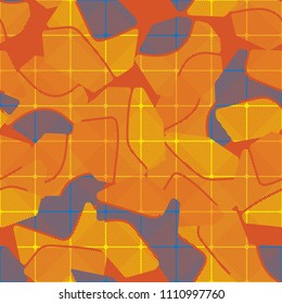 An abstract camouflage pattern containing uneven spots of different colors. Fashionable texture. A network consisting of rounded squares drawn in oblique lines.