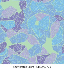 An abstract camouflage pattern containing uneven spots of different colors. Fashionable texture. A network of squares drawn with thin lines and arranged chaotically.