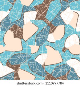 An abstract camouflage pattern containing uneven spots of different colors. Fashionable texture. A network of squares drawn with thin lines and arranged chaotically.