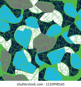 An abstract camouflage pattern containing uneven spots of different colors. Fashionable texture. A network of squares drawn with thin lines and arranged chaotically.