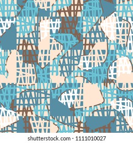 An abstract camouflage pattern containing uneven spots of different colors. Fashionable texture. A network of torn squares arranged in staggered order.