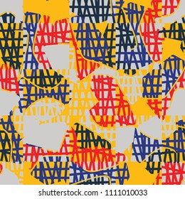 An abstract camouflage pattern containing uneven spots of different colors. Fashionable texture. A network of torn squares arranged in staggered order.
