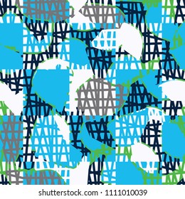 An abstract camouflage pattern containing uneven spots of different colors. Fashionable texture. A network of torn squares arranged in staggered order.