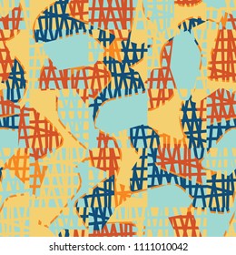 An abstract camouflage pattern containing uneven spots of different colors. Fashionable texture. A network of torn squares arranged in staggered order.