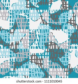 An abstract camouflage pattern containing uneven spots of different colors. Fashionable texture. A network of torn squares arranged in staggered order.