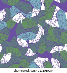 An abstract camouflage pattern containing uneven spots of different colors. Fashionable texture. A regular network consisting of intertwining seven-pointed stars.