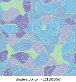 An abstract camouflage pattern containing uneven spots of different colors. Fashionable texture. A regular network consisting of intertwining seven-pointed stars.