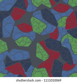 An abstract camouflage pattern containing uneven spots of different colors. Fashionable texture. A regular network consisting of intertwining seven-pointed stars.