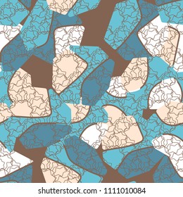 An abstract camouflage pattern containing uneven spots of different colors. Fashionable texture. A regular network consisting of intertwining seven-pointed stars.
