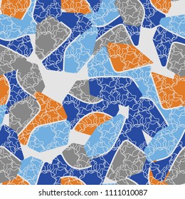 An abstract camouflage pattern containing uneven spots of different colors. Fashionable texture. A regular network consisting of intertwining seven-pointed stars.