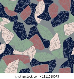 An abstract camouflage pattern containing uneven spots of different colors. Fashionable texture. A regular network consisting of intertwining seven-pointed stars.
