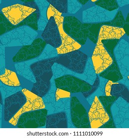 An abstract camouflage pattern containing uneven spots of different colors. Fashionable texture. A regular network consisting of intertwining seven-pointed stars.