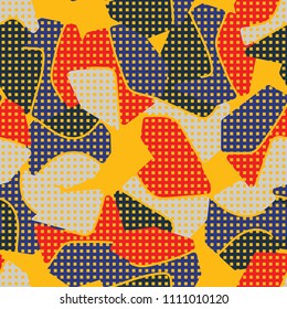 An abstract camouflage pattern containing uneven spots of different colors. Fashionable texture. A network consisting of small squares arranged in even rows.