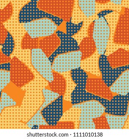 An abstract camouflage pattern containing uneven spots of different colors. Fashionable texture. A network consisting of small squares arranged in even rows.