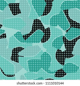 An abstract camouflage pattern containing uneven spots of different colors. Fashionable texture. A network consisting of small squares arranged in even rows.