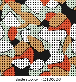An abstract camouflage pattern containing uneven spots of different colors. Fashionable texture. A network consisting of small squares arranged in even rows.