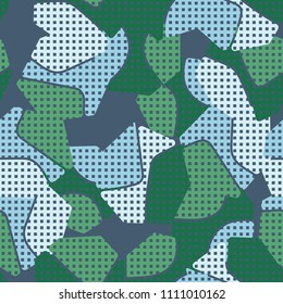 An abstract camouflage pattern containing uneven spots of different colors. Fashionable texture. A network consisting of small squares arranged in even rows.