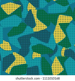 An abstract camouflage pattern containing uneven spots of different colors. Fashionable texture. A network consisting of small squares arranged in even rows.