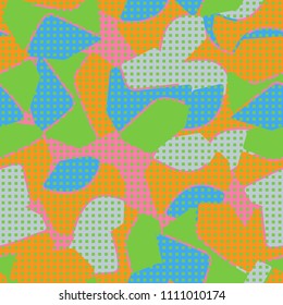 An abstract camouflage pattern containing uneven spots of different colors. Fashionable texture. A network consisting of small squares arranged in even rows.