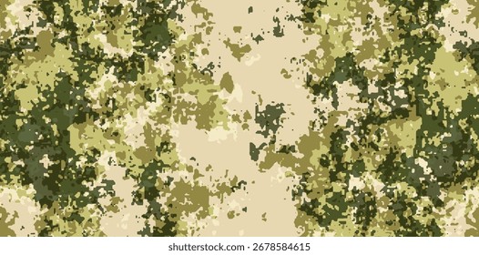 An abstract camouflage pattern features a blend of khaki, olive green, and beige spots, creating a textured military-style background, suitable for various graphic design projects