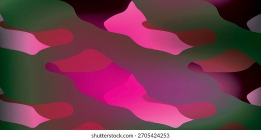 An abstract camouflage pattern featuring blurred shapes in shades of pink, green, and red, creating a fluid, organic design.