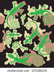 Abstract camouflage pattern with green gecko silhouettes.Seamless wallpaper with lizard silhouettes.