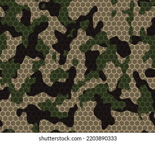 abstract camouflage pattern with hexagon mesh, trendy seamless illustration, military background.