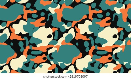 Abstract camouflage pattern in teal, orange, cream and black for textiles, wallpapers and graphic design. Flat vector illustration EPS 10.
