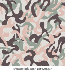 Resumen de camuflaje sin fisuras. Fondo de campo, formas onduladas curvadas naturales, formas. Impresión militar de inspiración floral. Ilustración vectorial para el diseño de superficie, papel pintado, textil.