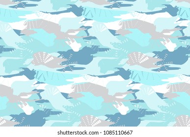 Abstract camouflage seamless pattern with hand drawn brush strokes. Blue beige white colors sea water texture. Simple vector grunge camo background with geometric design elements for textile print.