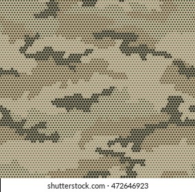 Abstract camouflage seamless pattern. Hexagon (honeycomb) texture.Green,black, brown color. Beige background.