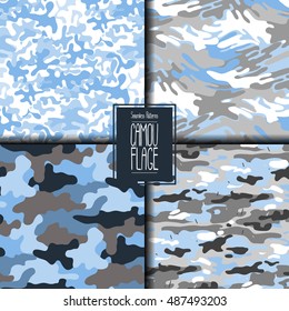Abstract camouflage seamless pattern set. Trendy fabric design in gray, blue and white colors.